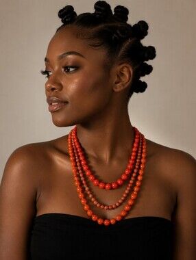 Vintage 3 Strand Glass Bead Burnt Orange Necklace, Copper Chain